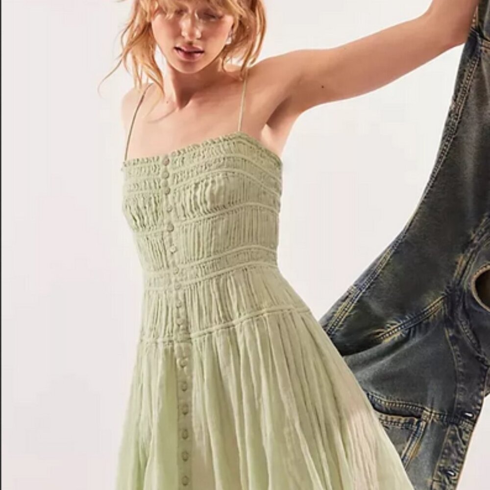 Free People FP One Lausanne Slip Sage Smocked Dress New S